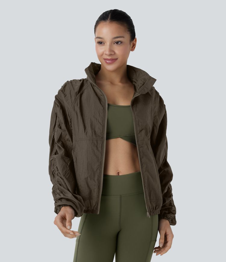 Water Repellent Lightweight Stowable Hood Ruched Sleeve Pocket Hiking Packable Jacket