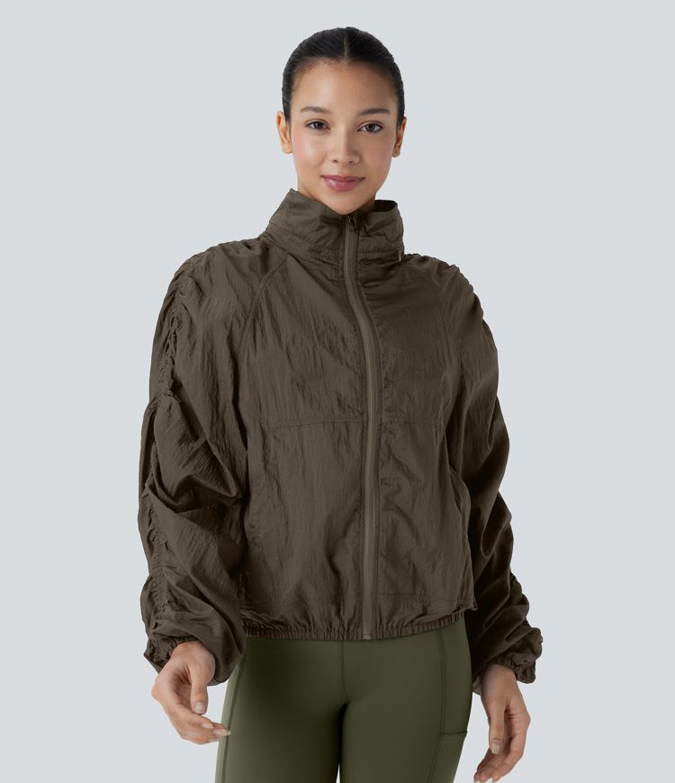 Water Repellent Lightweight Stowable Hood Ruched Sleeve Pocket Hiking Packable Jacket