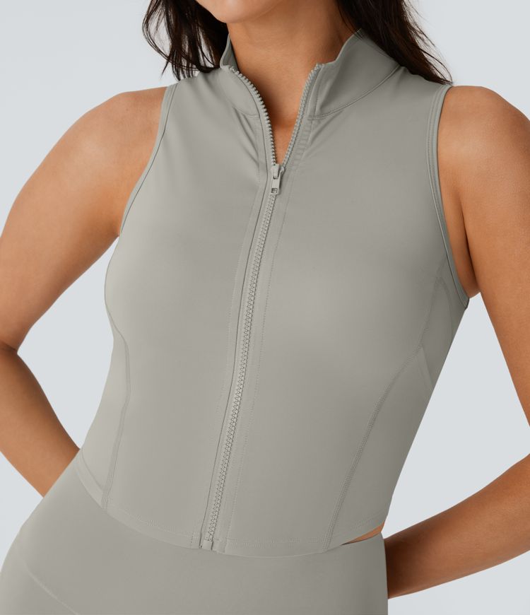 SoftlyZero™ QuickDry Stand Collar Zipper Cropped Yoga Tank Top with Pockets