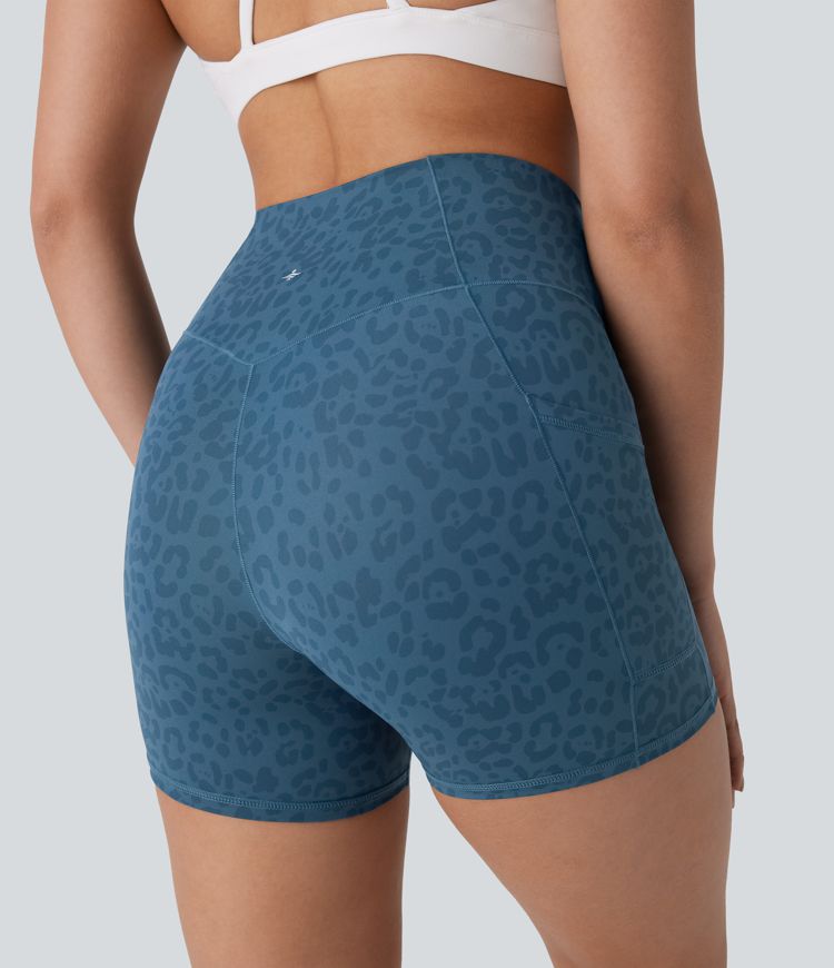 Crossover High Waisted Pocket Leopard Print Yoga Biker Shorts 4''