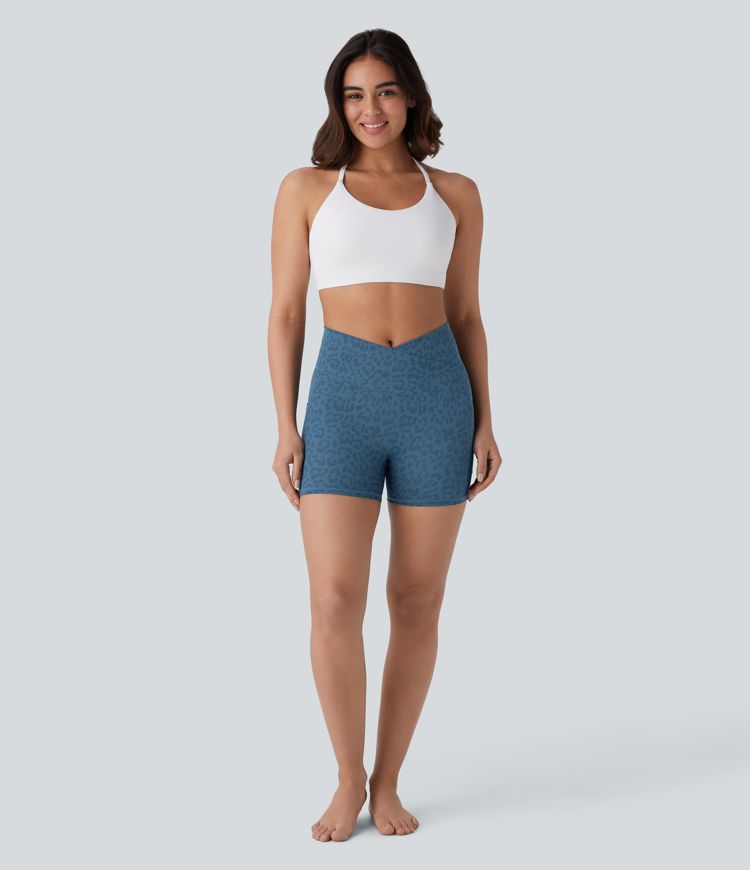 Crossover High Waisted Pocket Leopard Print Yoga Biker Shorts 4''