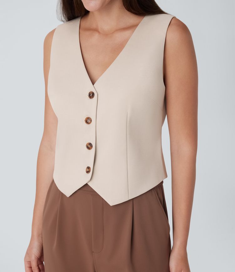 V Neck Button Lace Up Work Waistcoat