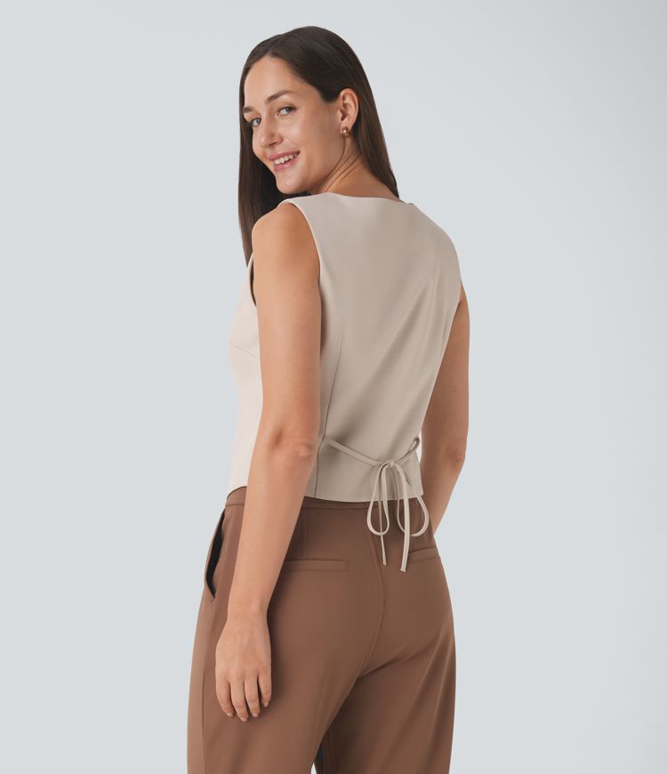 V Neck Button Lace Up Work Waistcoat