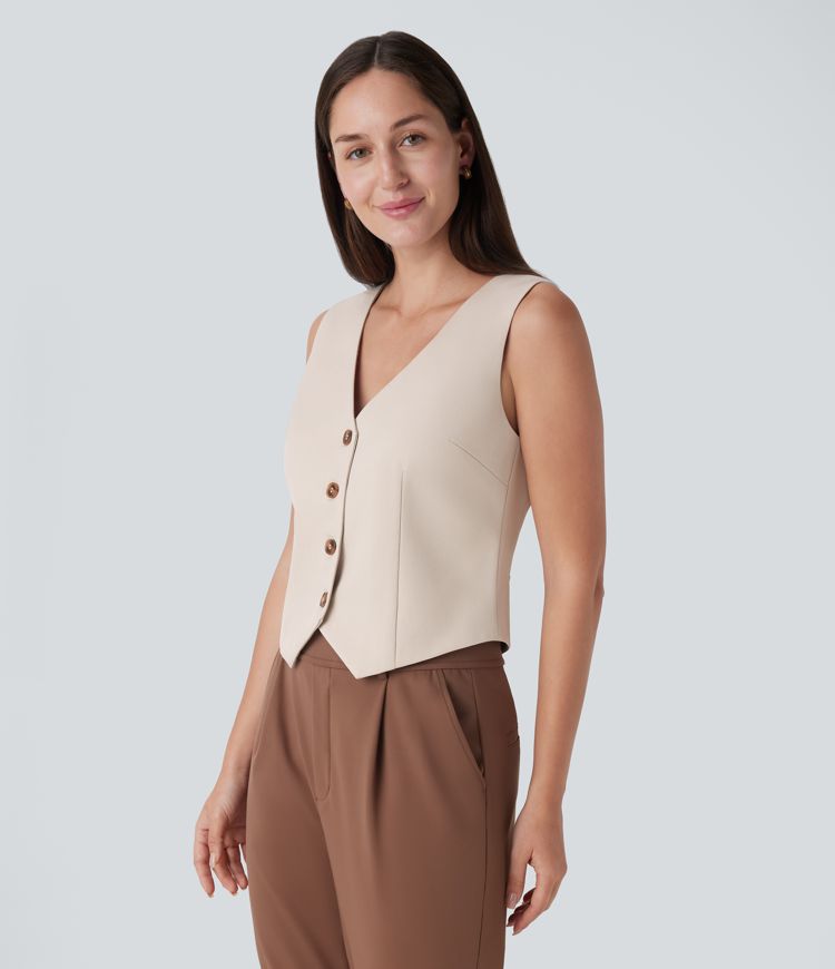 V Neck Button Lace Up Work Waistcoat