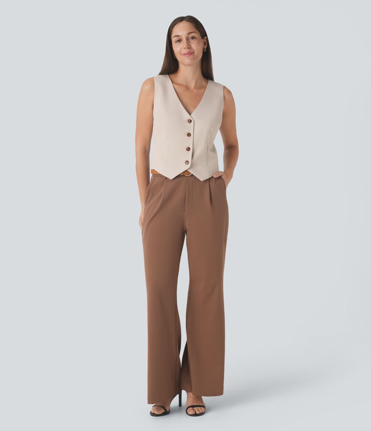 V Neck Button Lace Up Work Waistcoat