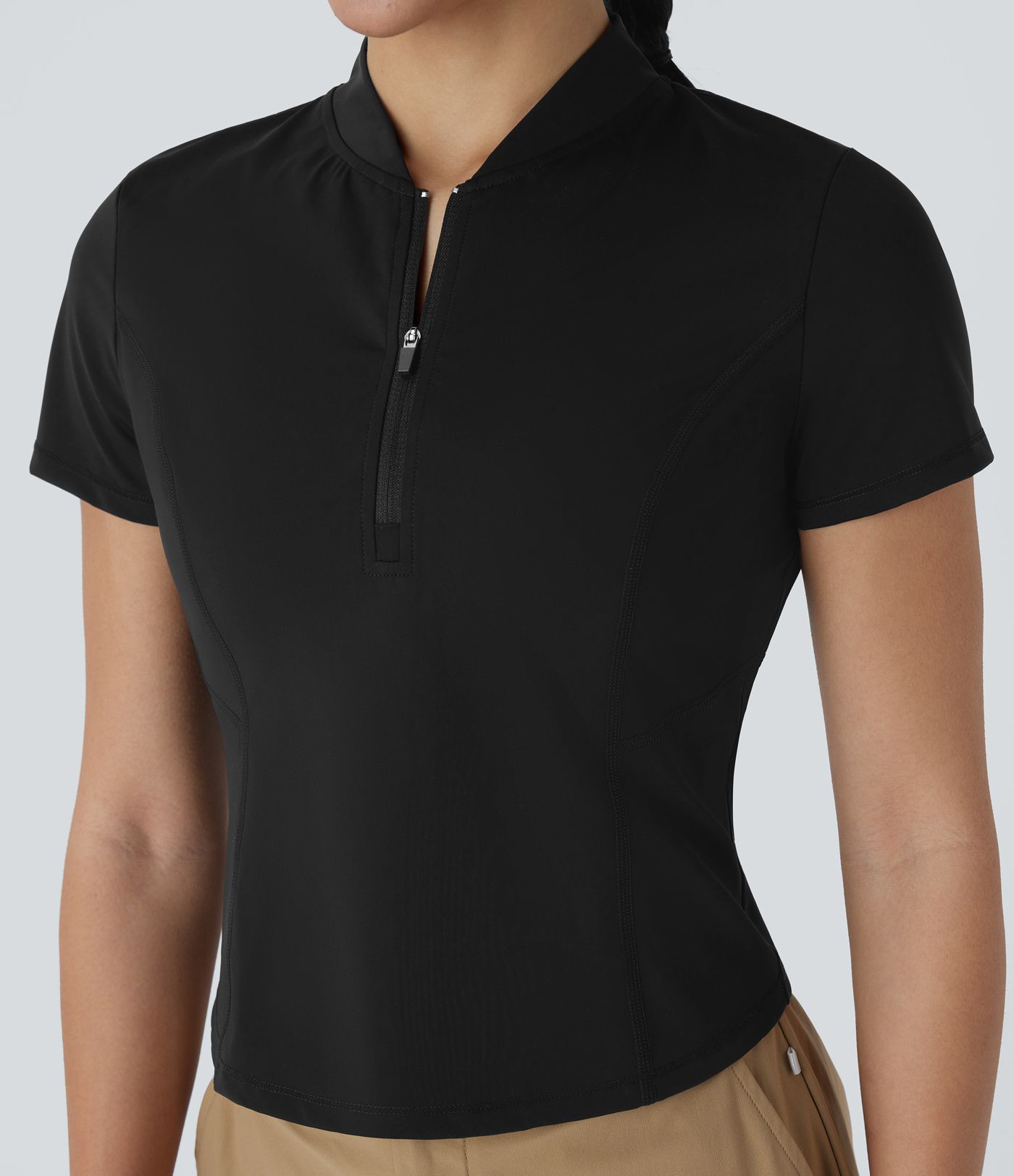 Stand Collar Half Zip Short Sleeve Cut Out Cool Touch Quick Dry Golf Sports Top