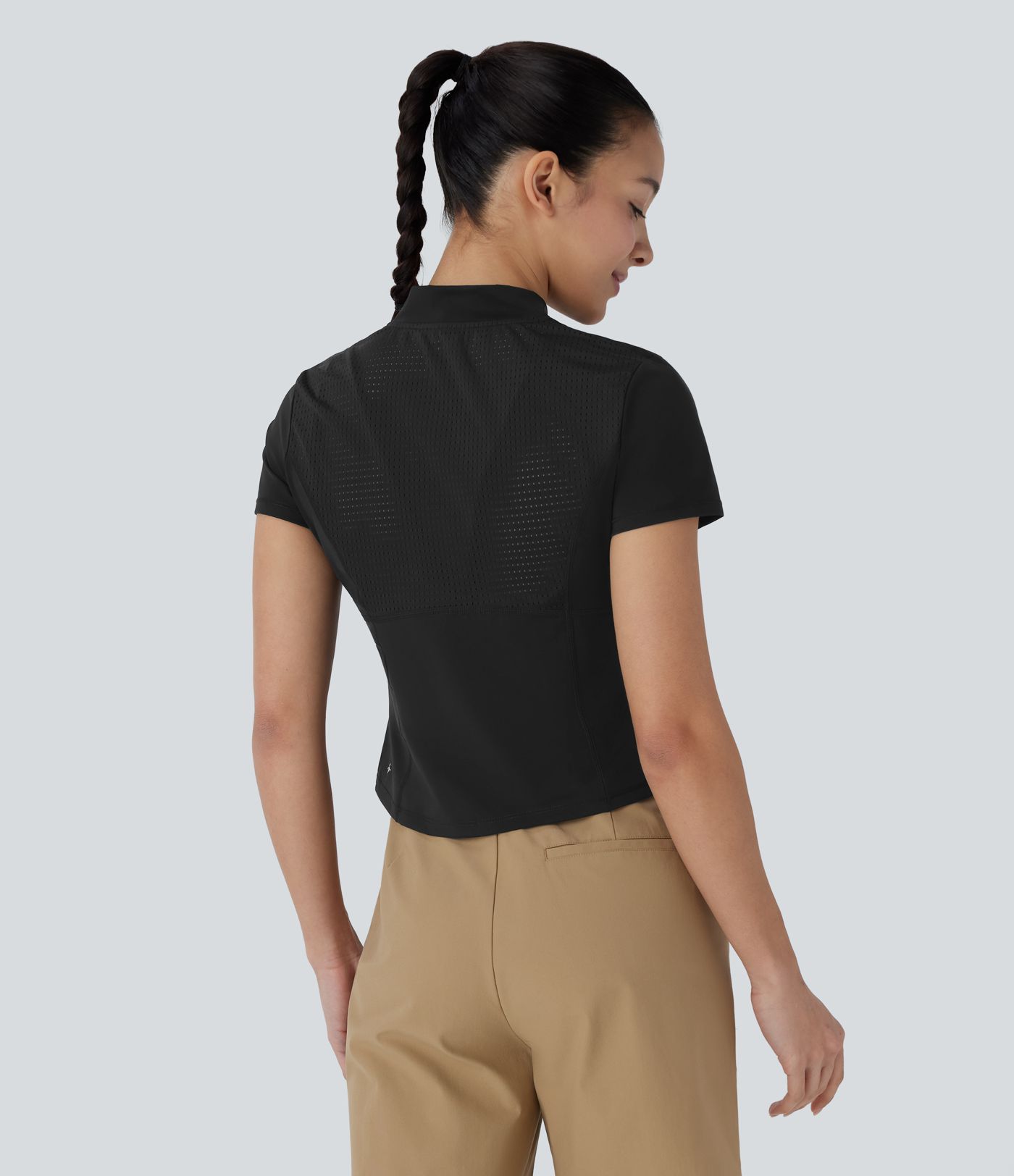 Stand Collar Half Zip Short Sleeve Cut Out Cool Touch Quick Dry Golf Sports Top