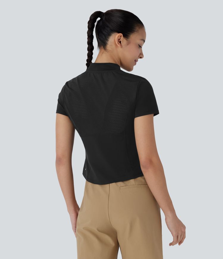 Stand Collar Half Zip Short Sleeve Cut Out Cool Touch Quick Dry Golf Sports Top