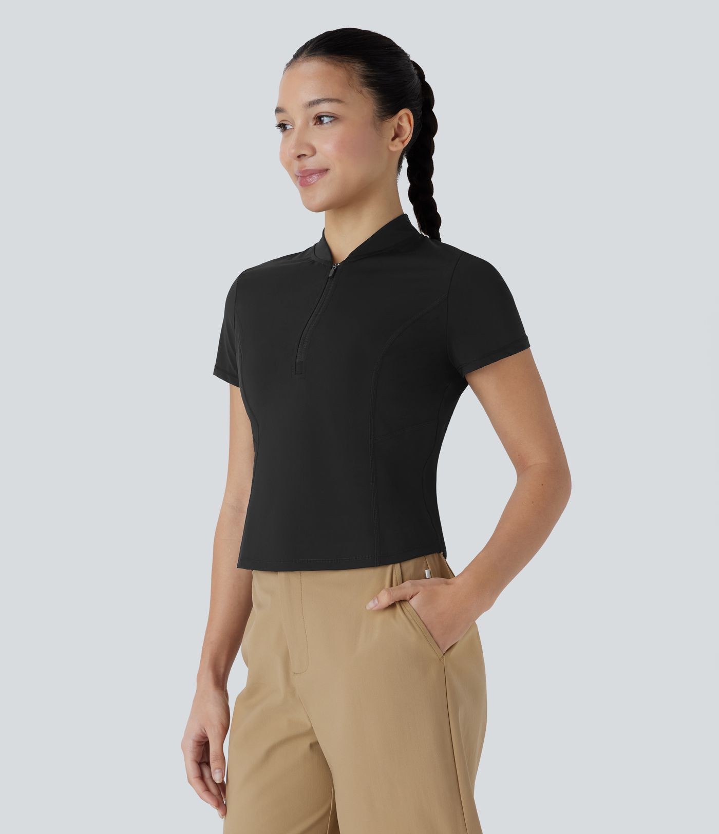 Stand Collar Half Zip Short Sleeve Cut Out Cool Touch Quick Dry Golf Sports Top