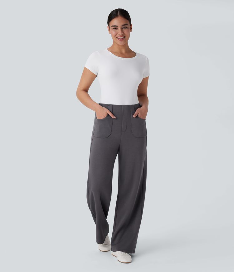 Stoffhose mit hohem Bund, Seitentaschen und geradem Bein