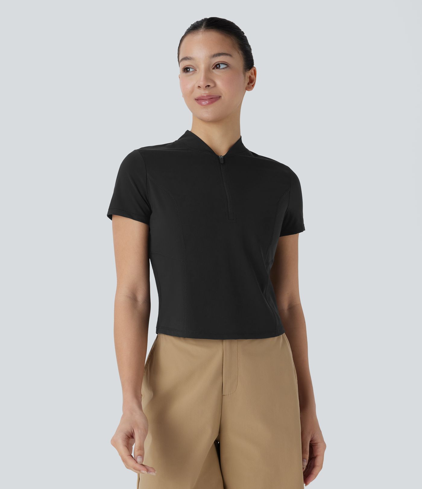 Stand Collar Half Zip Short Sleeve Cut Out Cool Touch Quick Dry Golf Sports Top