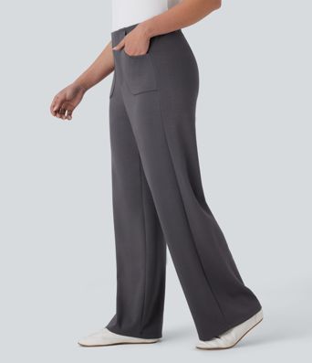 Stoffhose mit hohem Bund, Seitentaschen und geradem Bein