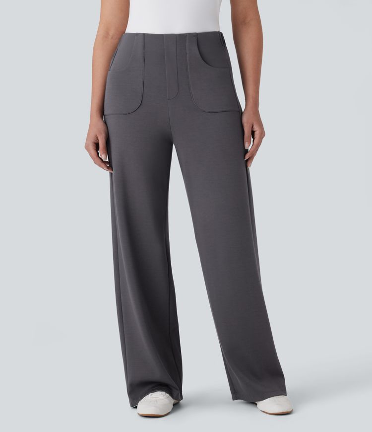 Stoffhose mit hohem Bund, Seitentaschen und geradem Bein