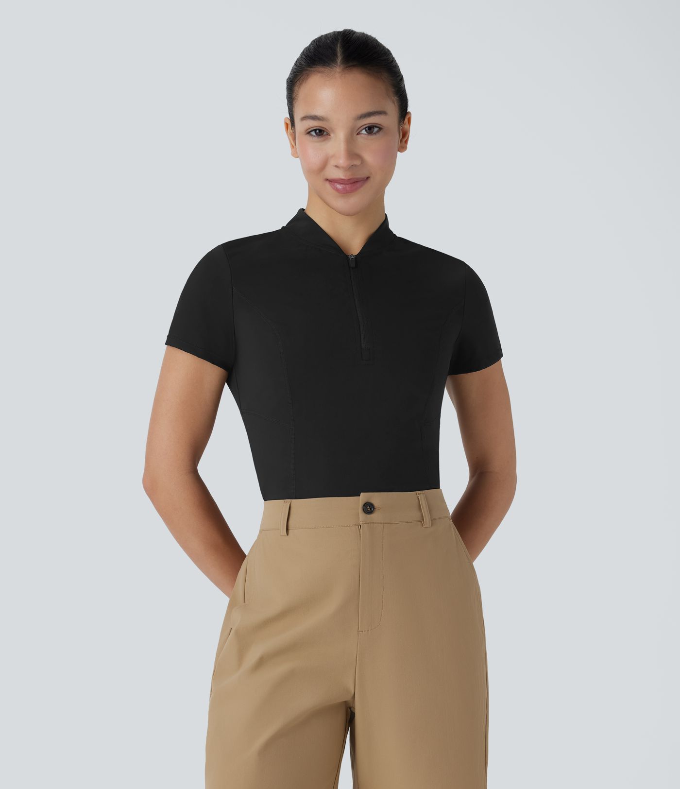 Stand Collar Half Zip Short Sleeve Cut Out Cool Touch Quick Dry Golf Sports Top