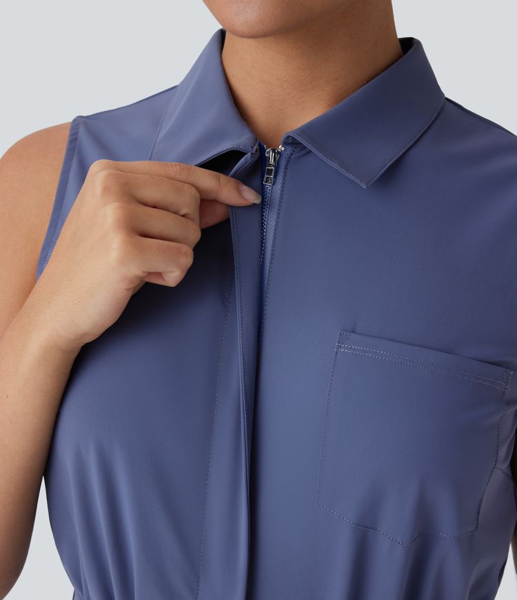 Combinaison de travail à col, sans manches, fermeture éclair et poches multiples