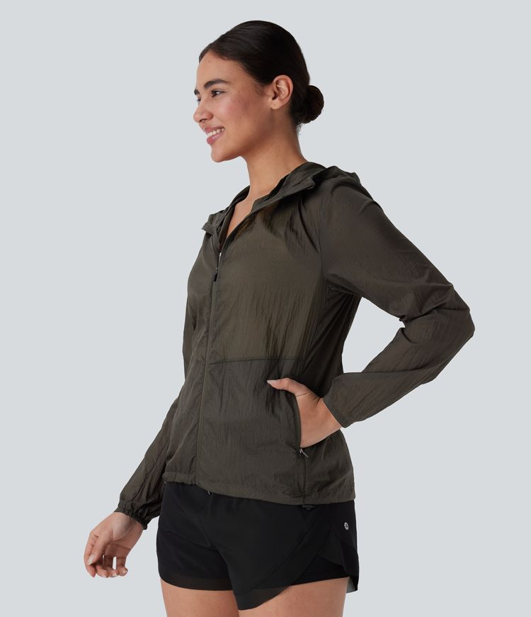 Veste de randonnée imperméable à capuche avec manches longues, fermeture éclair, poches latérales et cordon de serrage ajustable