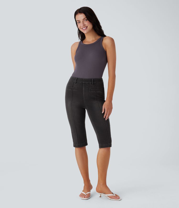 Halara Flex™ - Lässige, verwaschene Jeans aus elastischem Strick-Denim mit hohem Bund und Gesäßtaschen