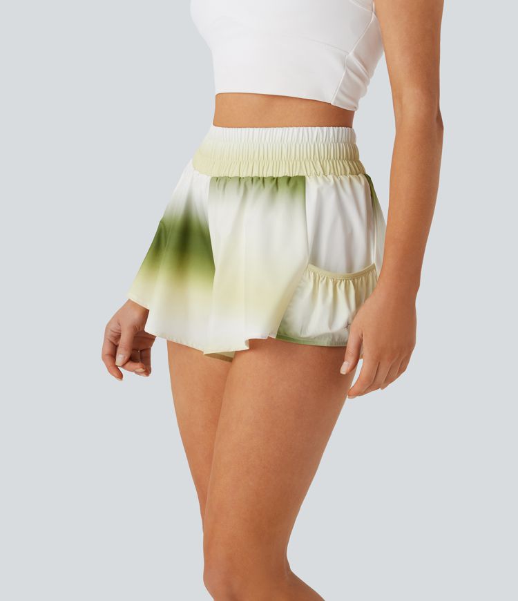 Green Moss Pantalón corto yoga holgado 2 en 1 tiro alto bolsillo lateral / 1