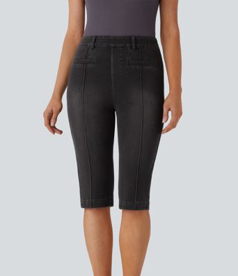 Halara Flex™ vaqueros relajados de talle alto con bolsillos, lavados y de largo hasta la rodilla