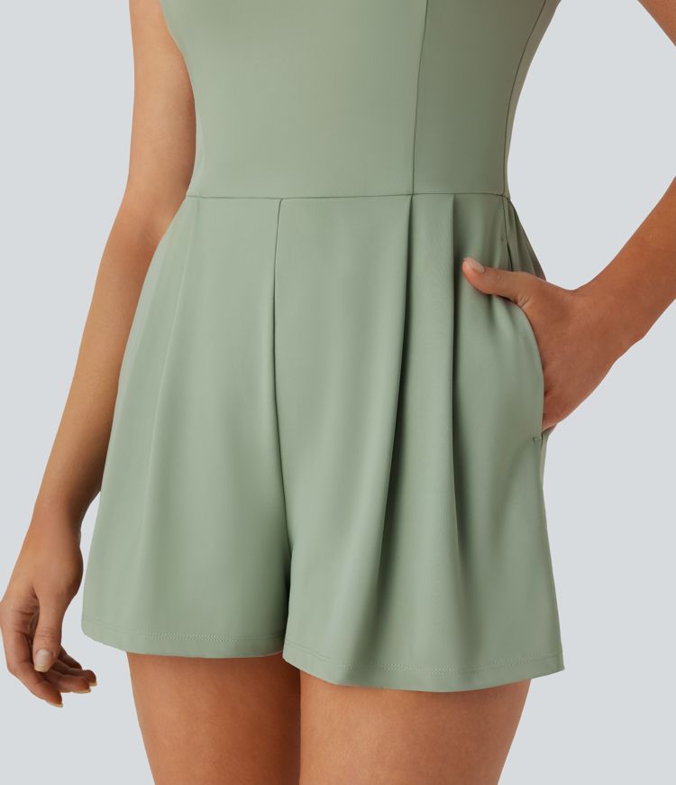 Combishort décontracté à encolure carrée, dos nu et poches latérales