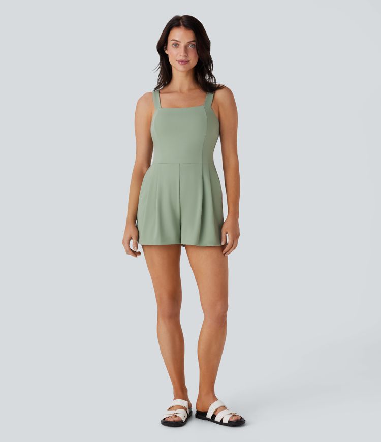 Combishort décontracté à encolure carrée, dos nu et poches latérales