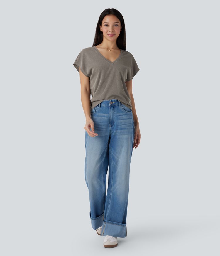 Lässiges Oberteil mit V-Ausschnitt und kurzen Ärmeln