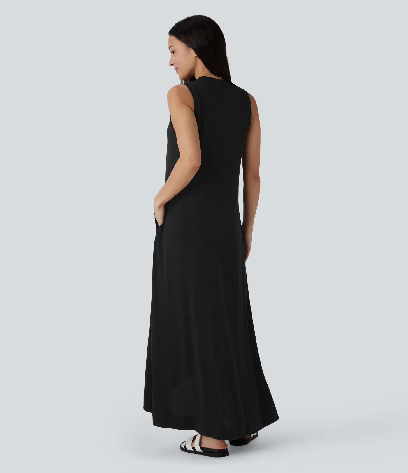 Round Neck Sleeveless Side Pocket High Low Flowy Maxi Casual Dress