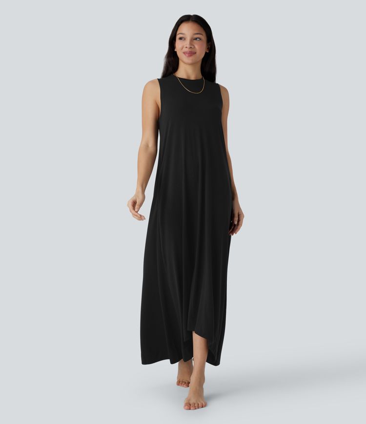 Round Neck Sleeveless Side Pocket High Low Flowy Maxi Casual Dress