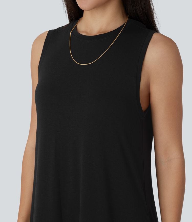 Round Neck Sleeveless Pocket High Low Flowy Maxi Casual Dress