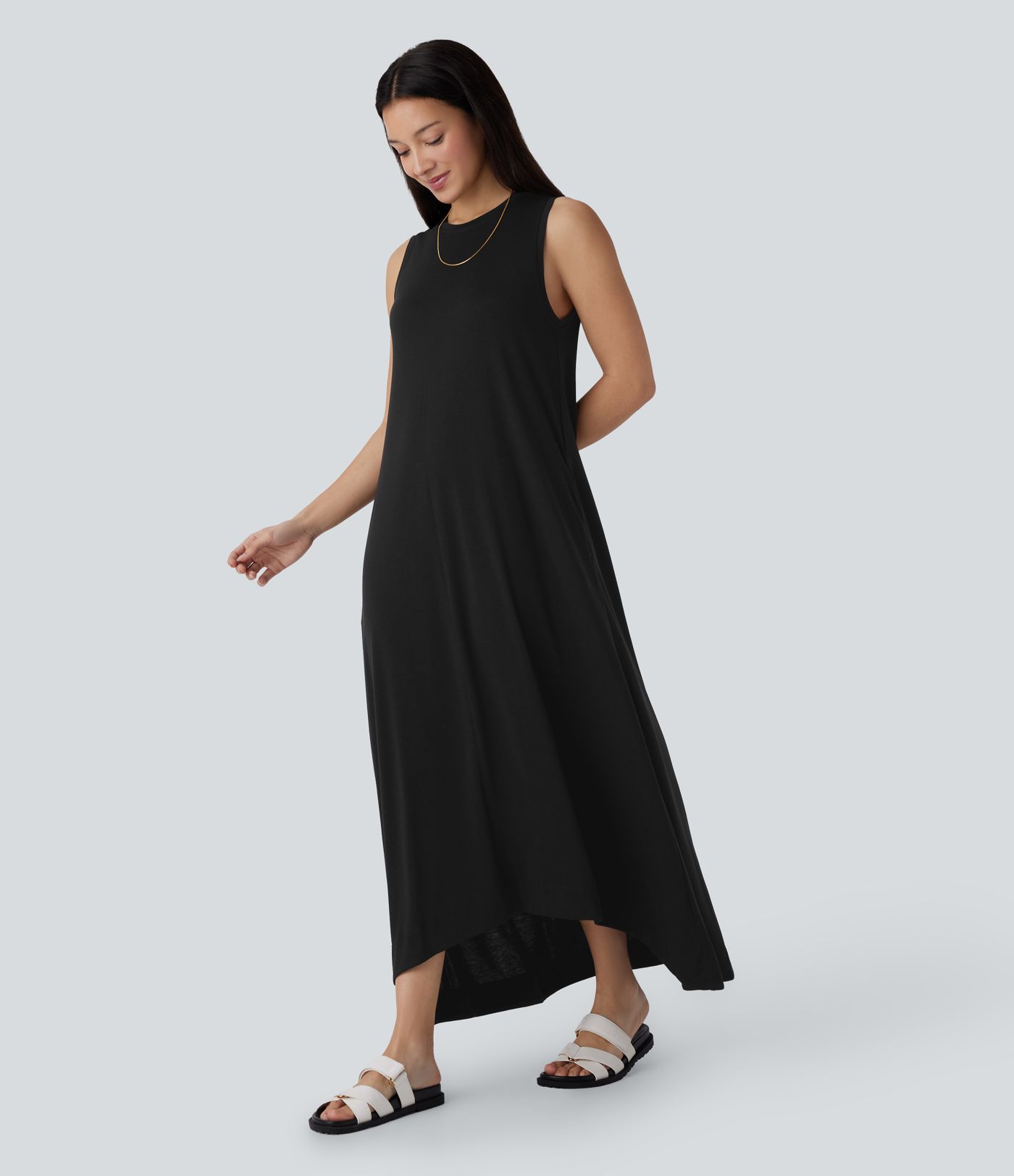 Round Neck Sleeveless Pocket High Low Flowy Maxi Casual Dress