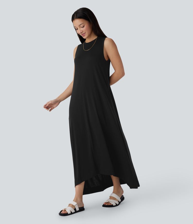 Round Neck Sleeveless Pocket High Low Flowy Maxi Casual Dress