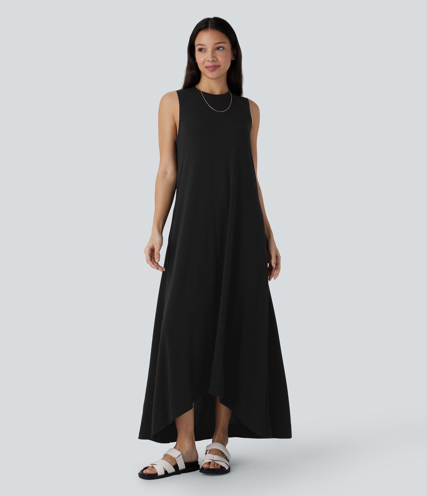 Round Neck Sleeveless Pocket High Low Flowy Maxi Casual Dress