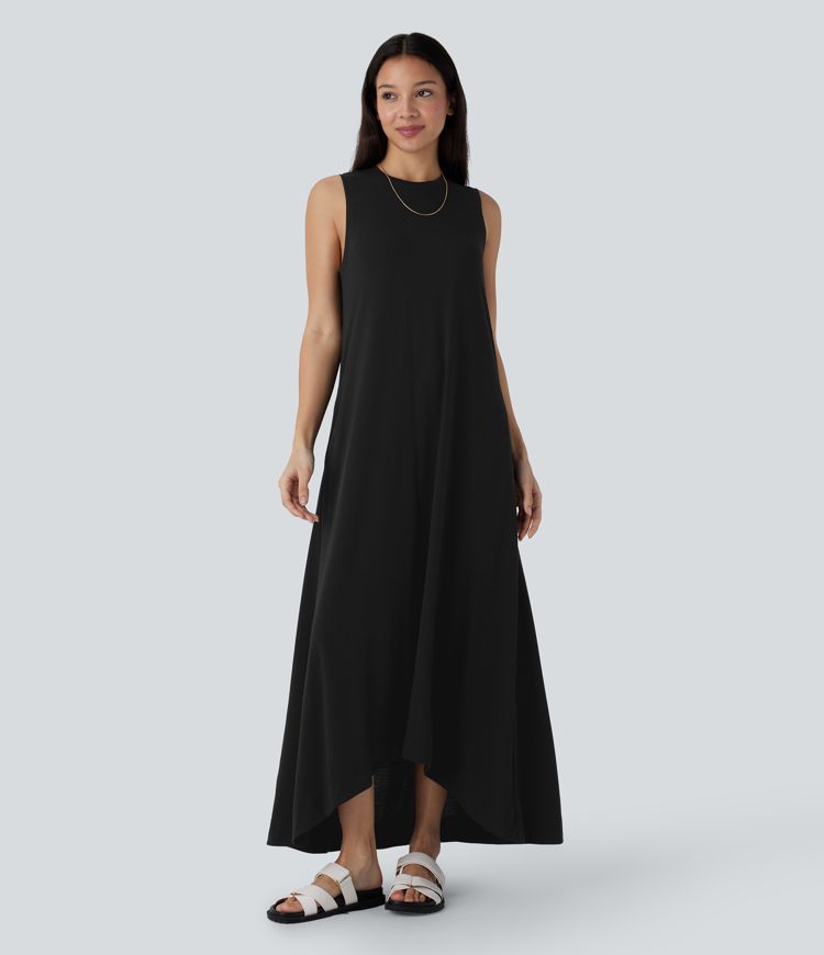 Round Neck Sleeveless Pocket High Low Flowy Maxi Casual Dress