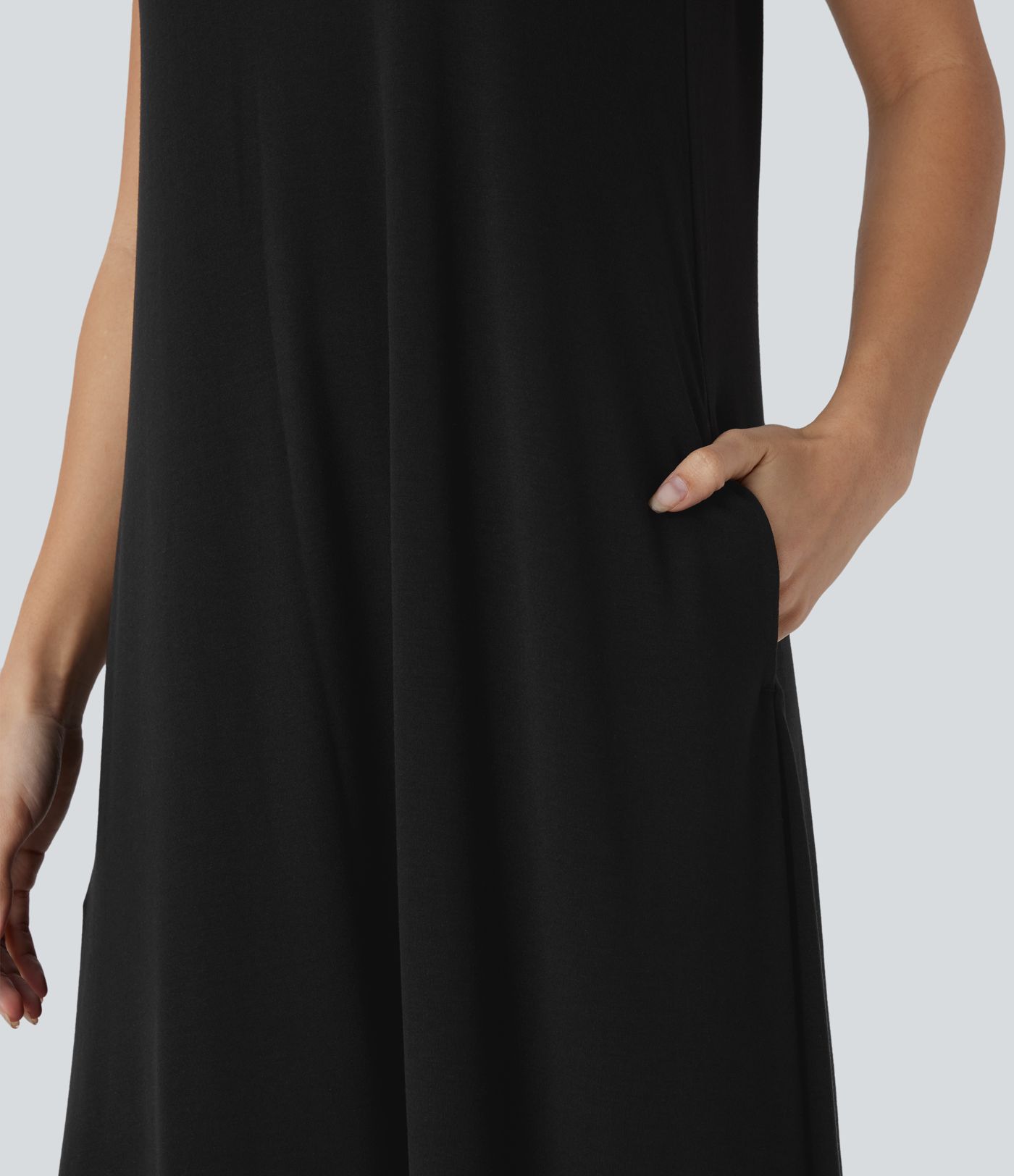 Round Neck Sleeveless Pocket High Low Flowy Maxi Casual Dress