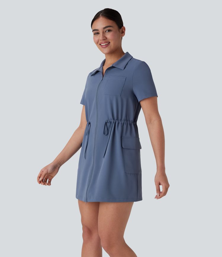 Vestido cargo mini senderismo cuello solapa cordón cremallera bidireccional