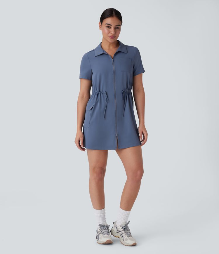 Vestido cargo mini senderismo cuello solapa cordón cremallera bidireccional