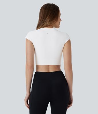 OneForm Seamless Flow Round Neck Cap Sleeve Cropped Yoga Sports Top