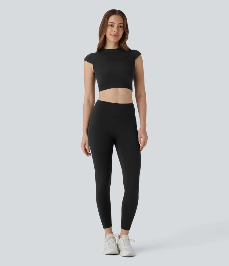 OneForm Seamless Flow Round Neck Cap Sleeve Cropped Yoga Sports Top