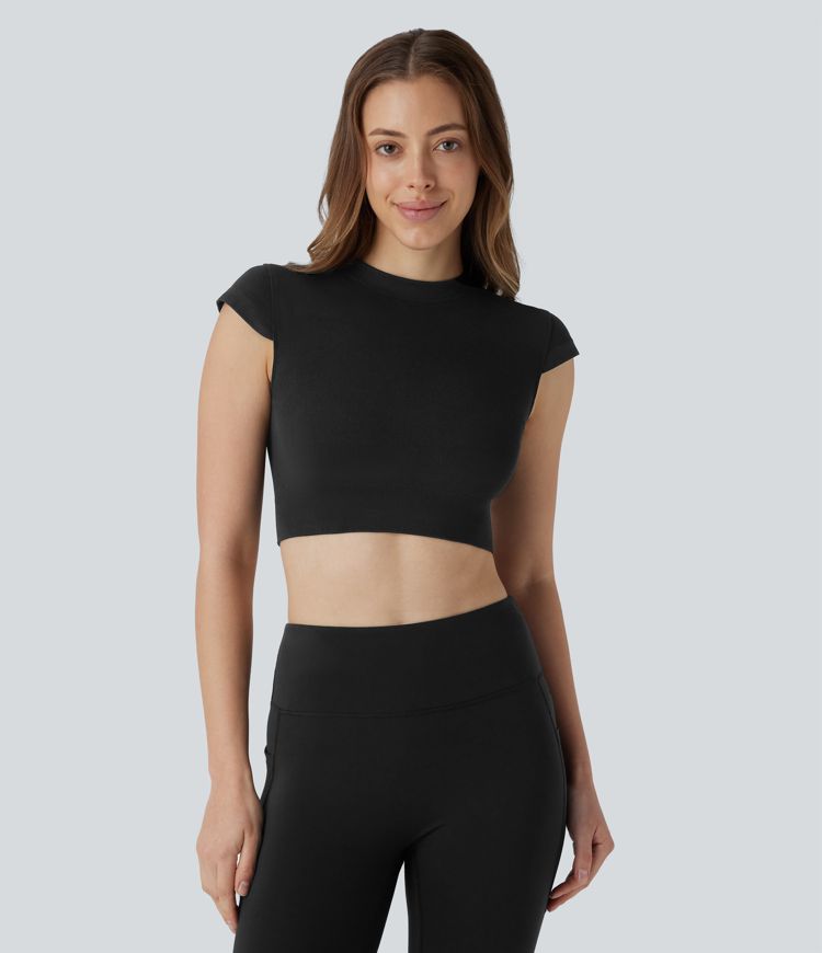 OneForm Seamless Flow Round Neck Cap Sleeve Cropped Yoga Sports Top