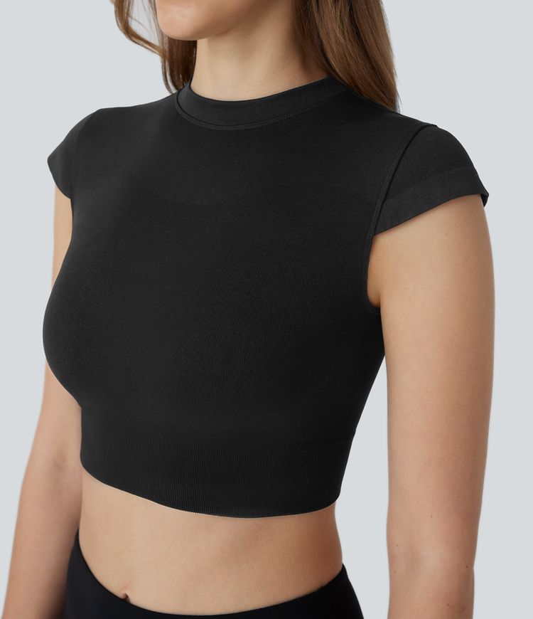 OneForm Seamless Flow Round Neck Cap Sleeve Cropped Yoga Sports Top