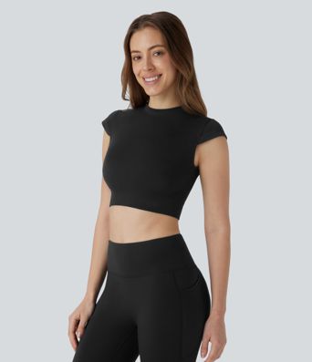 OneForm Seamless Flow Round Neck Cap Sleeve Cropped Yoga Sports Top