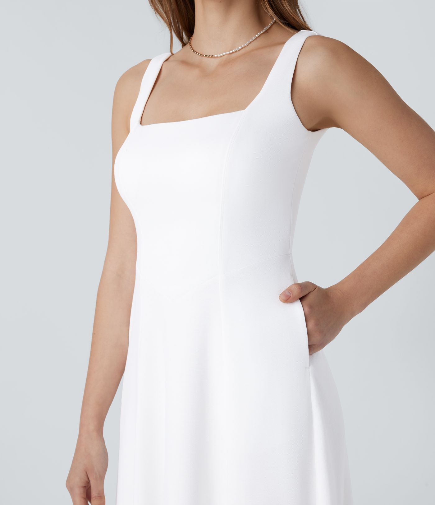 Rückenfreies Maxikleid mit eckigem Ausschnitt und Seitentaschen für Brautjungfern und Hochzeitsgäste 