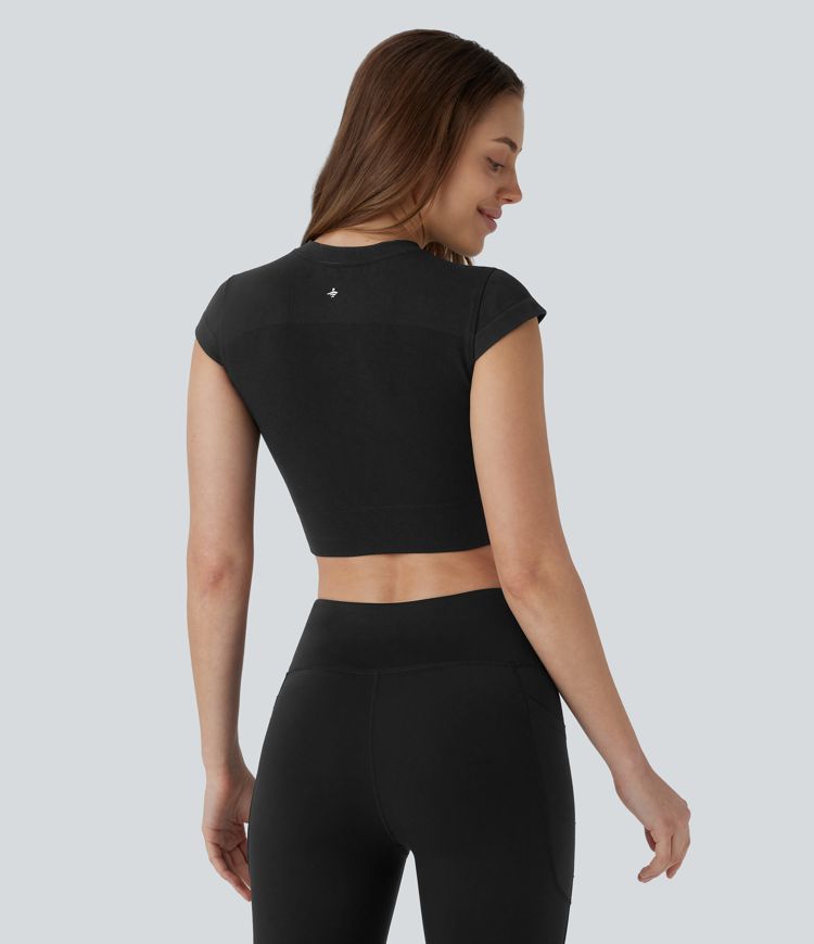OneForm Seamless Flow Round Neck Cap Sleeve Cropped Yoga Sports Top