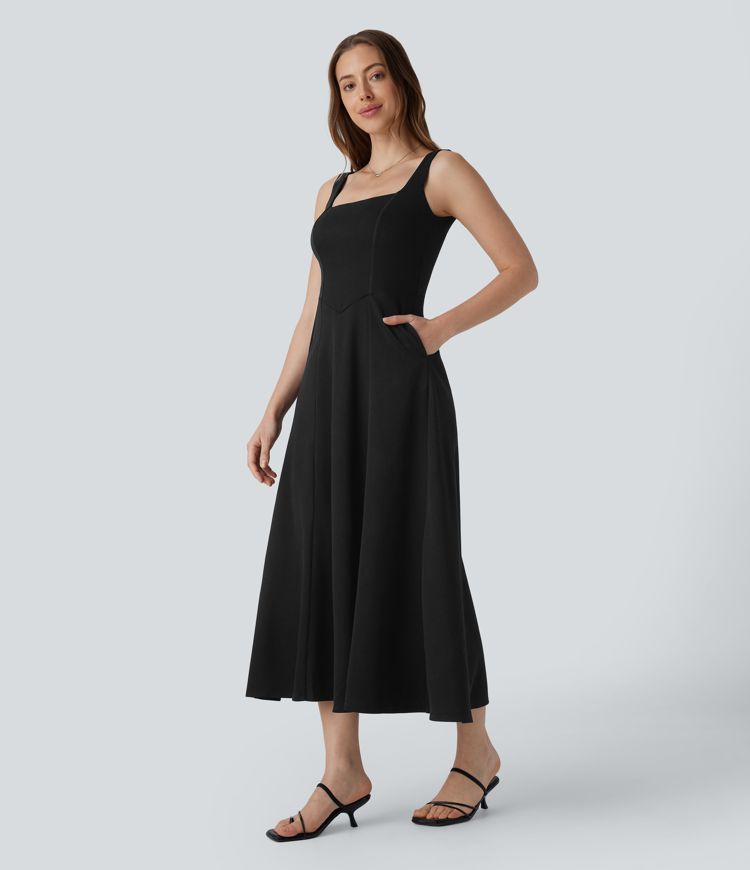 Square Neck Backless Side Pocket Maxi Bridesmaid and Wedding Guest Dress