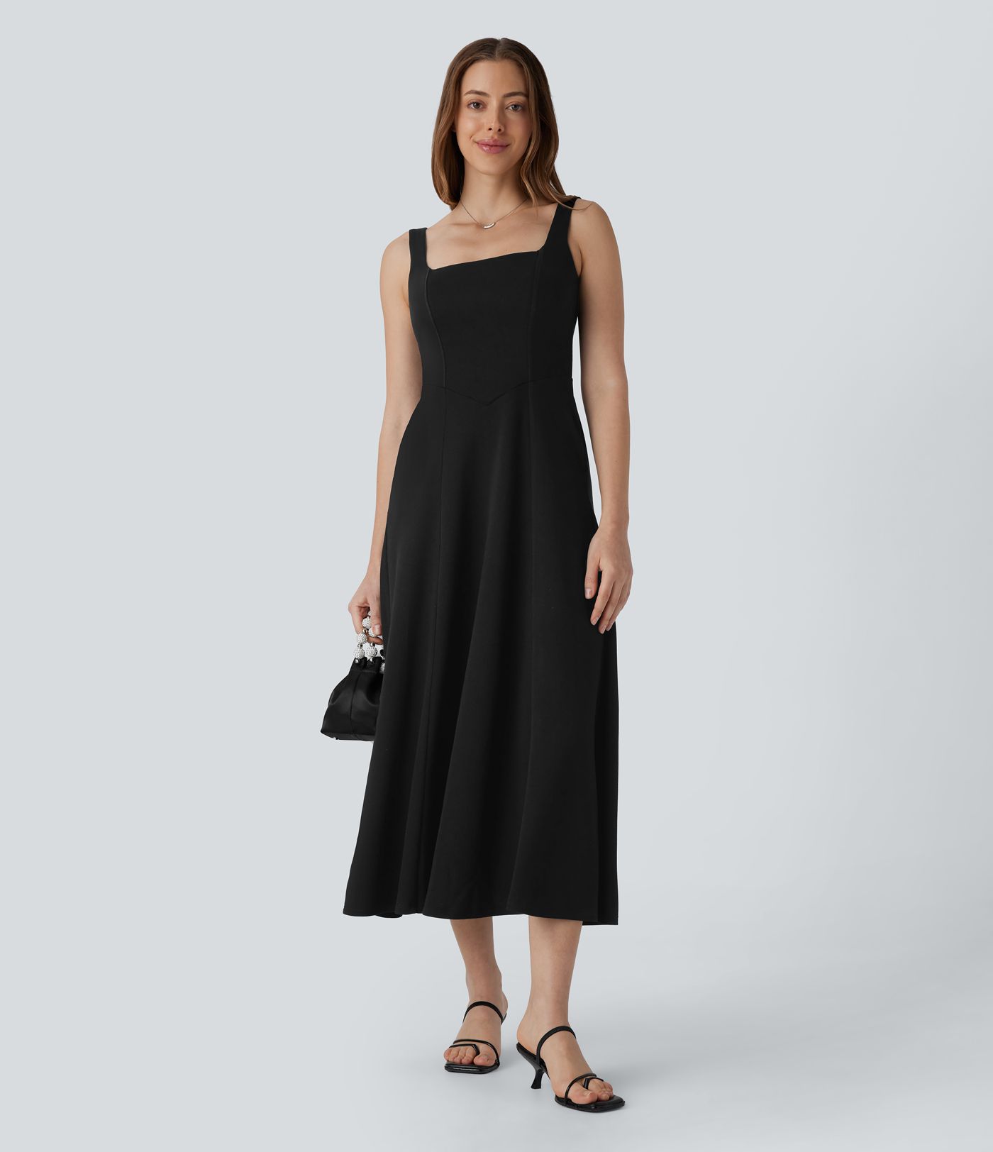 Rückenfreies Maxikleid mit eckigem Ausschnitt und Seitentaschen für Brautjungfern und Hochzeitsgäste 