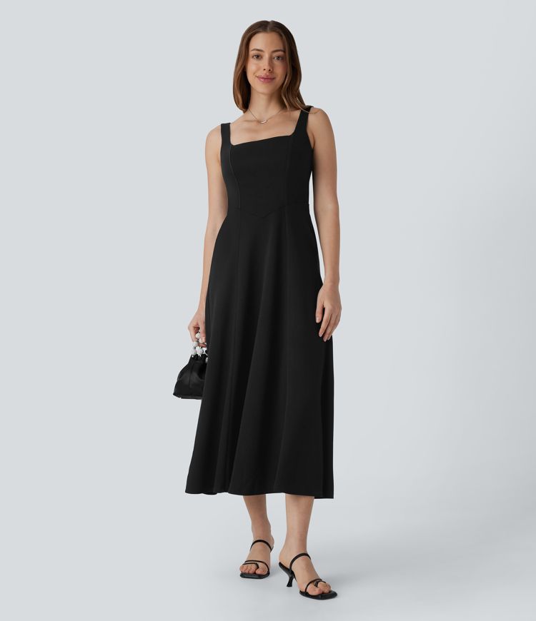 Square Neck Backless Side Pocket Maxi Bridesmaid and Wedding Guest Dress