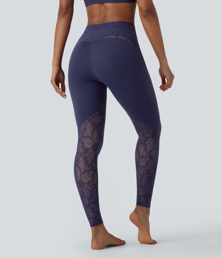 Softlyzero™ High Waisted Back Pocket Contrast Lace 7/8 Yoga Leggings-UPF50+