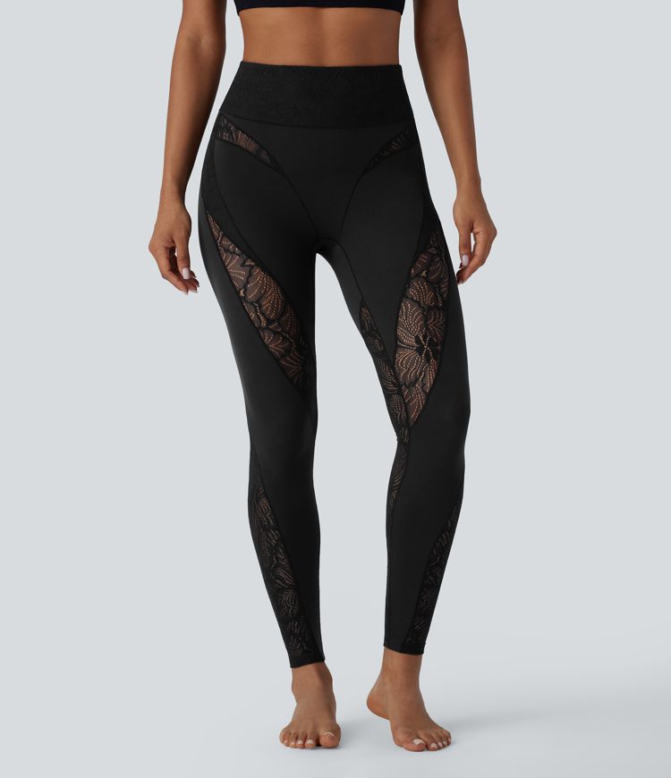 SoftlyZero™ High Waisted Pocket Contrast Lace 7/8 Yoga Leggings-UPF50+