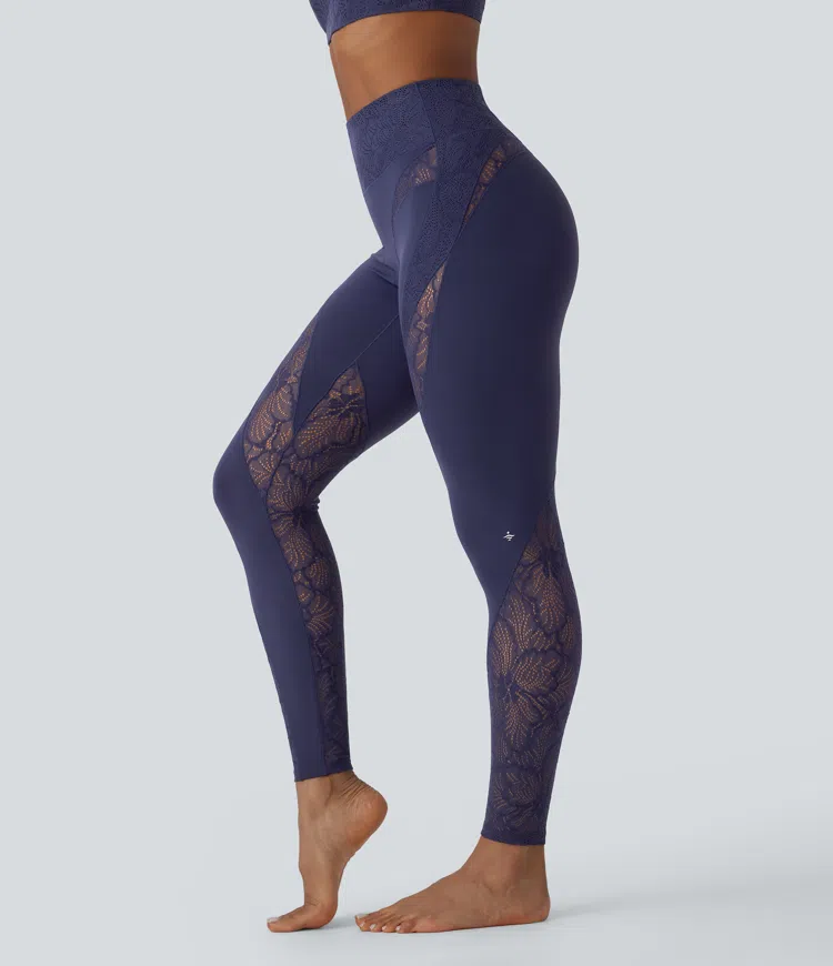 SoftlyZero™ High Waisted Pocket Contrast Lace 7/8 Yoga Leggings-UPF50+