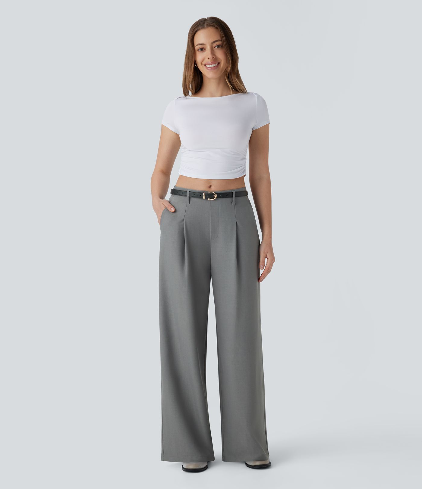 Pantalón oficina tiro medio cremallera invisible bolsillo lateral pierna recta